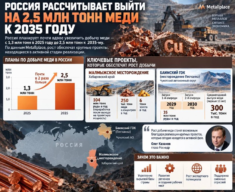 Россия рассчитывает выйти на 2,5 млн тонн меди к 2035 году