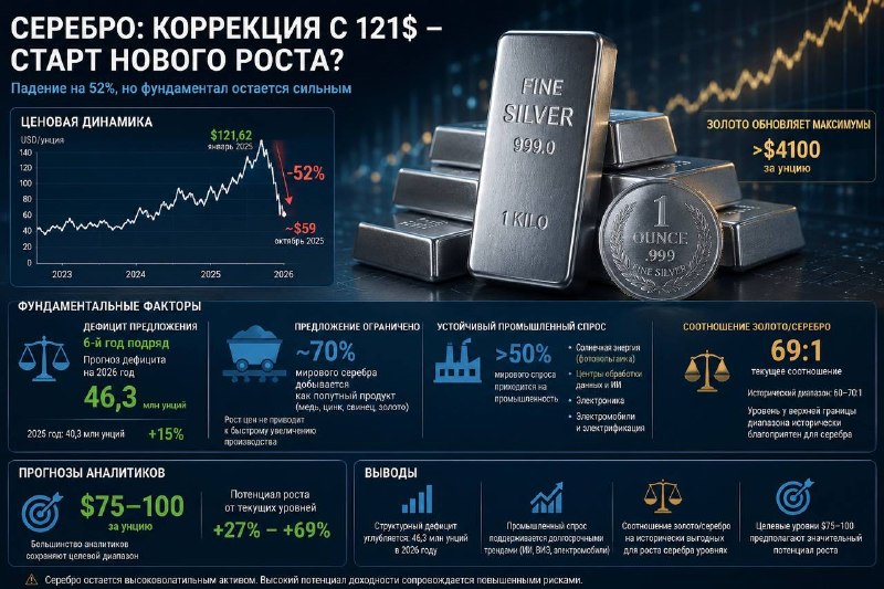 Серебро потеряло 52%, но фундаментальные факторы указывают на новый цикл роста