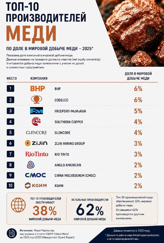 ТОП-10 ПРОИЗВОДИТЕЛЕЙ МЕДИ КОНТРОЛИРУЮТ 38% МИРОВОЙ ДОБЫЧИ