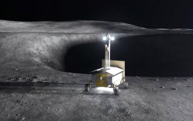 Изображен разведчик ресурсов, несущий полезную нагрузку, который ведет исследование лунной поверхности 
